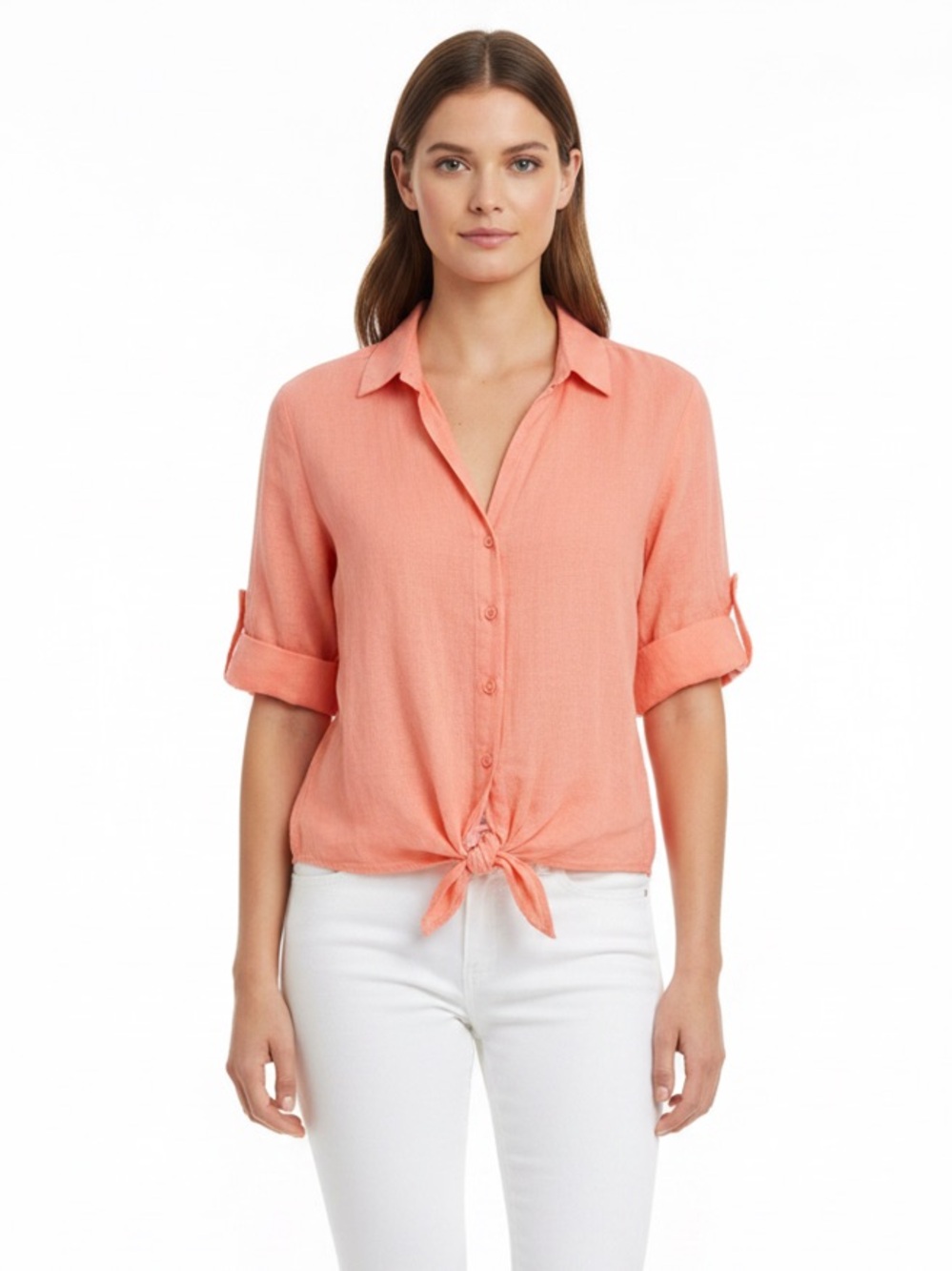 Anthropologie Cloth & Stone Button Down Tie Front Shirt Coral Small